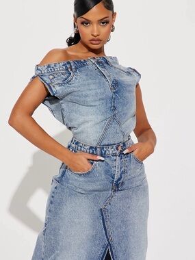 Fashion Nova Demi Denim Maxi Dress in Medium Wash Blue